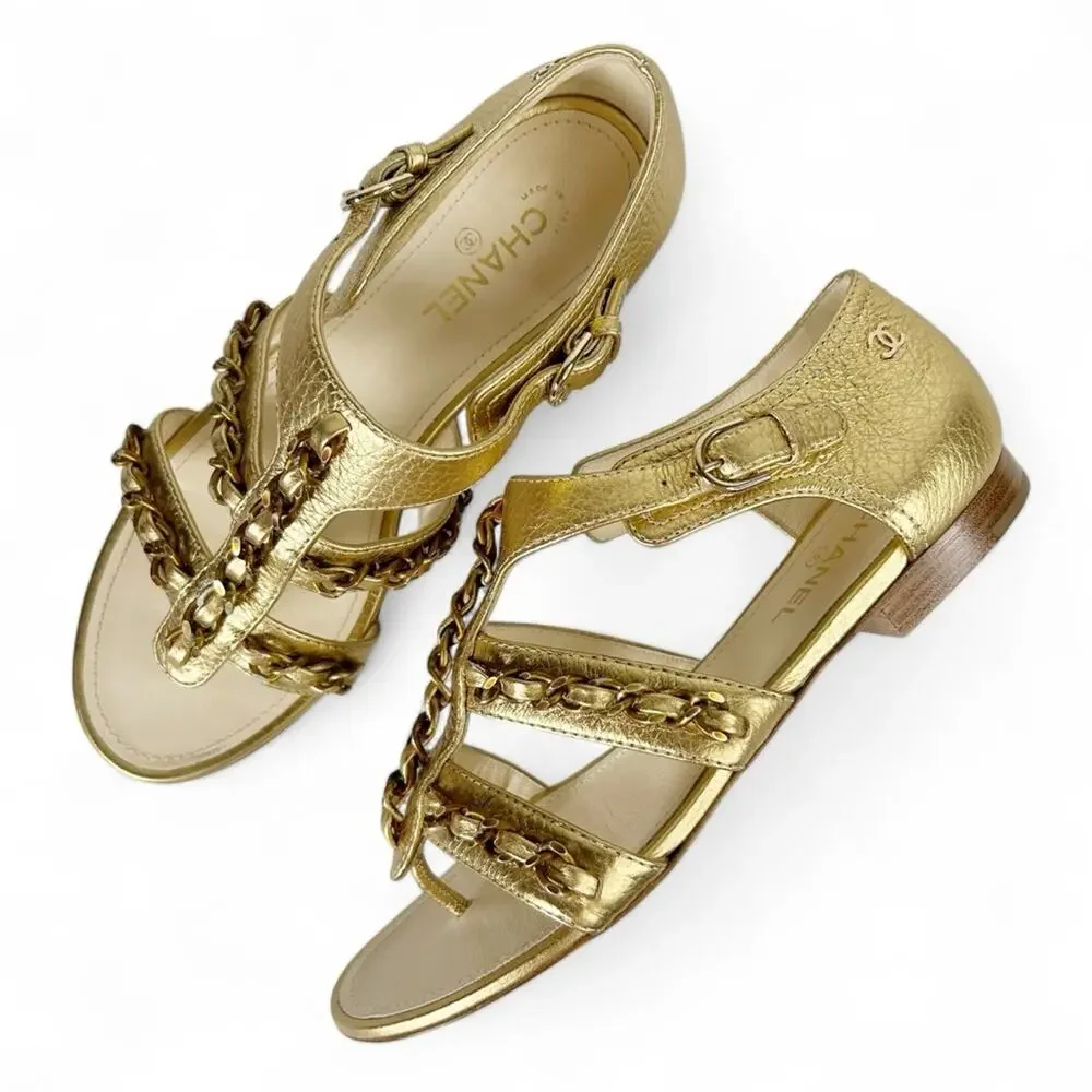 CHANEL Gold Metallic Leather Chain Accent Interlocking CC Flat Sandals